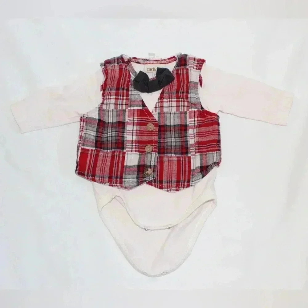 Cachcach Vintage Baby Boy Onsie with red checkered vest & black bowtie 9M Dressy